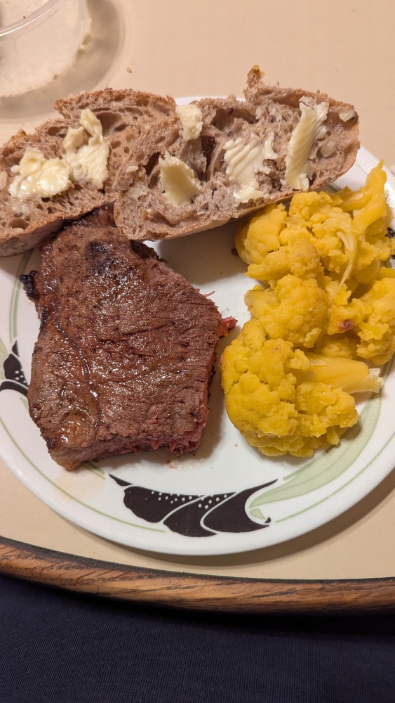 Milford, NH, USA :: T-Bone Steak, Orange Cauliflower, and Multigrain Bread.